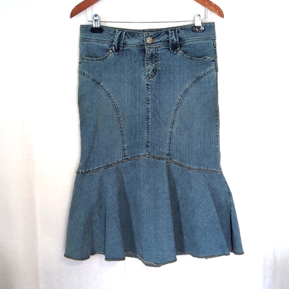 Jolt Blue Denim Frill Midi Skirt Size 3 - Picture 1 of 4